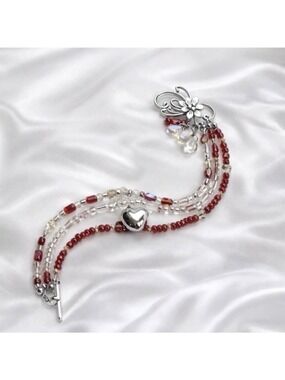 REIMAGINED 8” Multi Strand Glass Bead Bracelet Heart Charm Toggle Clasp